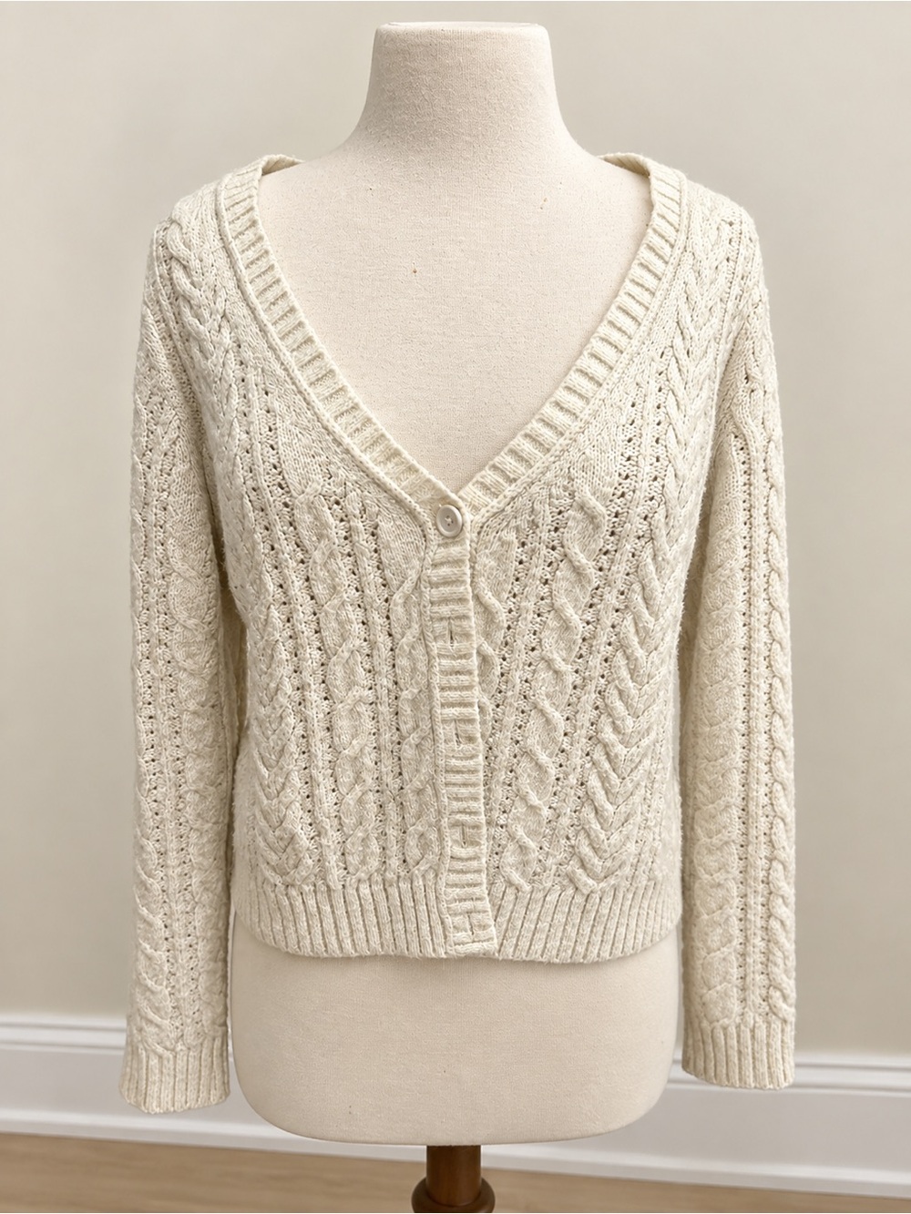 Cream Cable Knit V-Neck Button Front Sweater